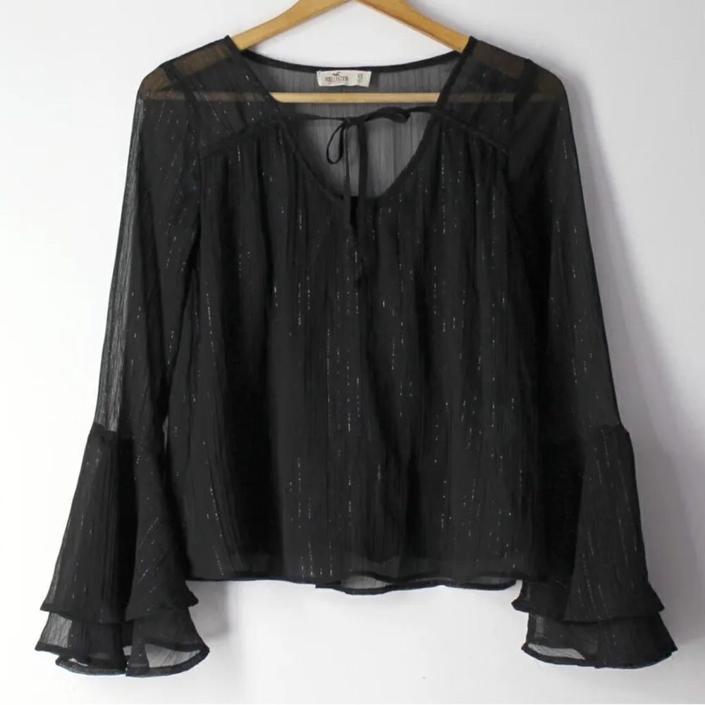 Hollister XS Black Metallic lurex stripes chiffon bell sleeve flowy top blouse